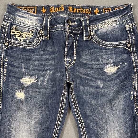 Rock Revival Kai Boot  Jeans Womens 27 Embroidered THICK STITCH WHISKERING - Picture 2 of 11